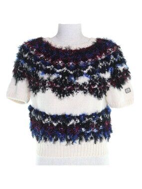 Chanel Cashmere Silk Blend CC Logo Stone Short Sleeve Knit Silver Sweater 38